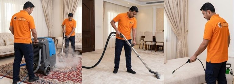 صور مجمعة لفريق شركة ستار فاب يرتدون زياً برتقالياً موحداً، يقومون بعمليات تنظيف عميق بالبخار لسجاد فارسي فاخر وموكيت فاتح اللون وكنب قماشي باستخدام معدات احترافية متطورة داخل فيلا راقية.