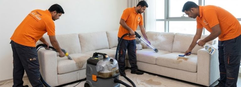 فريق عمل شركة ستار فاب يرتدون زياً برتقالياً موحداً، يقومون بتنظيف وغسيل كنب قماشي فاتح اللون باستخدام جهاز تنظيف بالبخار ومكنسة شفط احترافية، مع التركيز على إزالة البقع الصعبة.