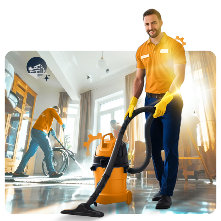 عمال من شركة ستار فاب ينفذون أعمال تنظيف الأرضيات والمنازل في الرياض باستخدام أجهزة حديثة