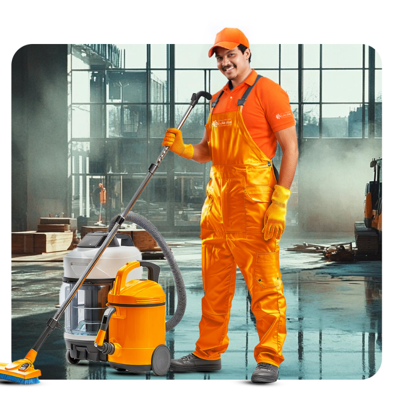 عامل نظافة من مجموعة ستار يقوم بتنظيف فيلا بعد التشطيب باستخدام معدات تنظيف احترافية