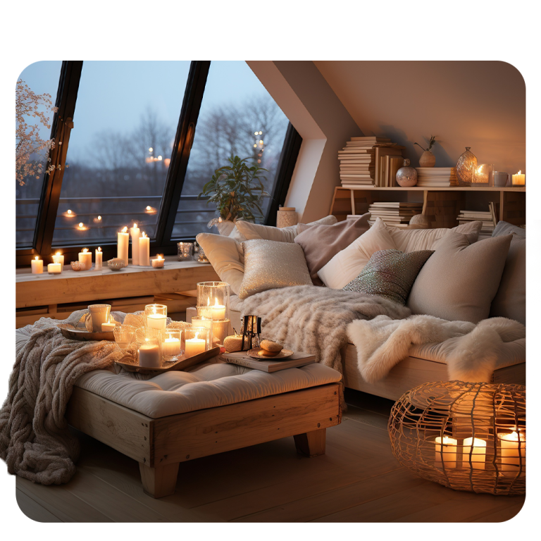 غرفة معيشة دافئة تحتوي على وسائد وبطانيات وإضاءة شموع استعدادًا لفصل الشتاء
