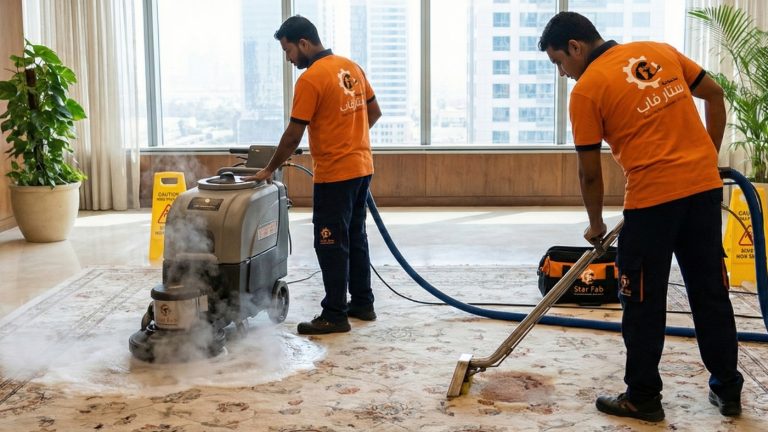 عاملان من شركة ستار فاب يرتديان زياً برتقالياً، يقومان بتنظيف سجادة كبيرة في منطقة استقبال مكتبية. أحدهم يستخدم ماكينة غسيل سجاد بالبخار، والآخر يستخدم أداة شفط يدوية، مع وجود علامات تحذير صفراء.
