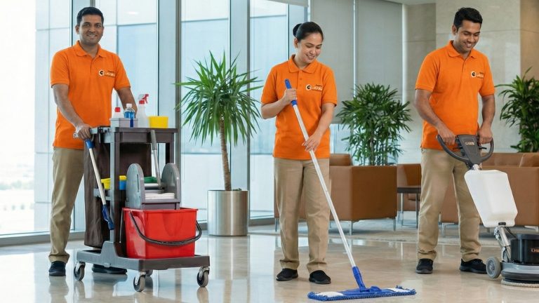 ثلاثة عمال نظافة، رجلان وامرأة، يرتدون زياً برتقالياً موحداً، يقومون بتنظيف بهو مكتب واسع. رجل يدفع عربة تنظيف، وامرأة تستخدم ممسحة، ورجل آخر يشغل آلة تلميع أرضيات كهربائية. توجد نباتات كبيرة ونوافذ ممتدة من الأرض إلى السقف في الخلفية.