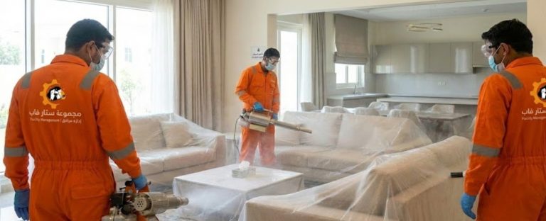 ثلاثة عمال من شركة "مجموعة ستار فاب" يرتدون بدلات وقاية برتقالية وكمامات، يقومون بتعقيم غرفة معيشة باستخدام أجهزة الضباب الحراري. الأثاث مغطى بأغطية بلاستيكية واقية، ويوجد دخان كثيف ناتج عن عملية التعقيم.