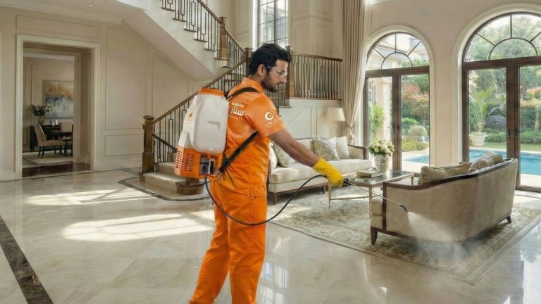 عامل من شركة ستار فاب يرتدي زياً برتقالياً وقفازات، يحمل جهاز رش ظهري، ويقوم برش مبيدات حشرية تحت أريكة في غرفة معيشة واسعة وراقية بفيلا تطل على مسبح.