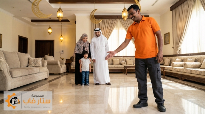 عامل من ستار فاب بملامح هندية يعرض أرضية رخامية لامعة لأسرة سعودية سعيدة في منزلهم المجهز للعيد.