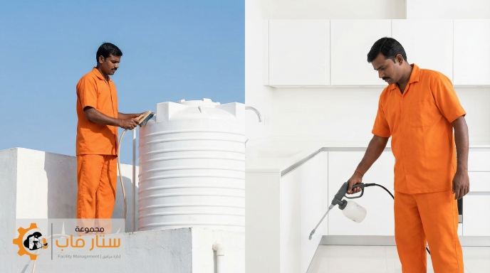 صورتان: فني بملامح هندية ينظف خزان مياه، وفني آخر يكافح الحشرات في مطبخ لضمان عزائم رمضان آمنة.