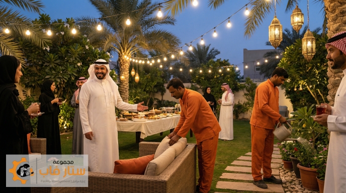 عمال من ستار فاب بملامح هندية يجهزون حديقة فيلا سعودية لجلسة إفطار رمضانية، تحت إشراف صاحب المنزل السعودي.