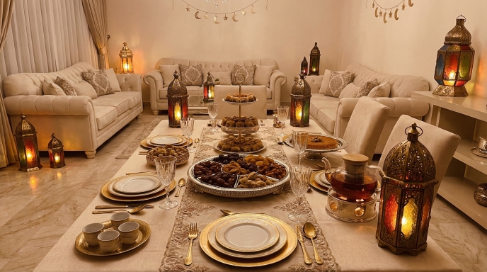 مائدة رمضانية فاخرة مليئة بالحلويات في صالة نظيفة ومزينة بالفوانيس، استعداداً لاستقبال الضيوف خلال شهر رمضان