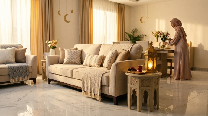 سيدة تقوم بتنسيق الزهور في غرفة معيشة نظيفة ومزينة بزينة رمضان، تعبيراً عن خدمات التنظيف العميق للمنازل والمفروشات