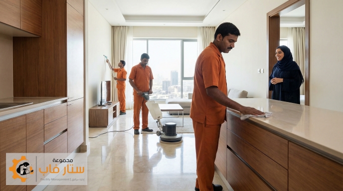 فريق تنظيف من ستار فاب بملامح هندية يقومون بتنظيف عميق وشامل لمطبخ وغرف منزل سعودي حديث.