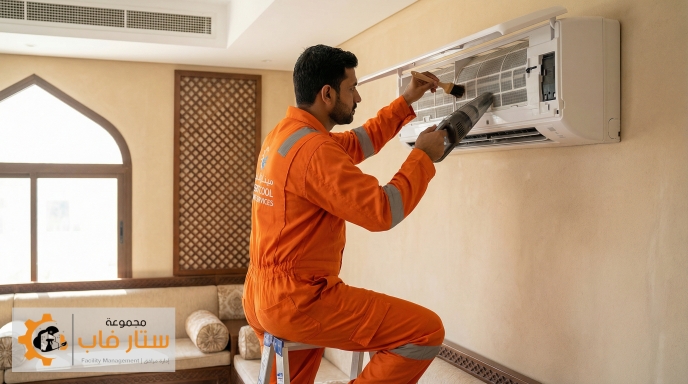 فني محترف بزي العمل البرتقالي يقوم بتنظيف وصيانة دقيقة لمكيف هواء سبليت داخلي، من تقديم مجموعة ستار فاب لإدارة المرافق