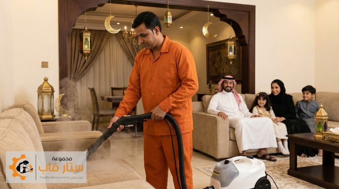 فني من ستار فاب بملامح هندية وزي برتقالي ينظف كنباً بالبخار في مجلس سعودي، بينما تشاهده أسرة سعودية بارتياح في أجواء رمضانية.