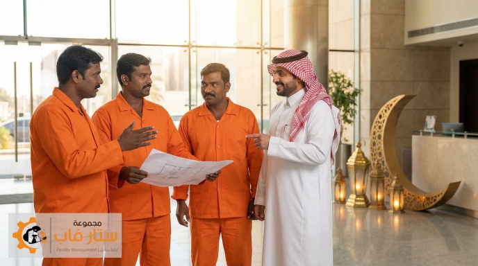 فريق عمل من ستار فاب بملامح هندية يناقش خطط إدارة المرافق مع عميل سعودي في بهو شركة بالرياض خلال شهر رمضان.