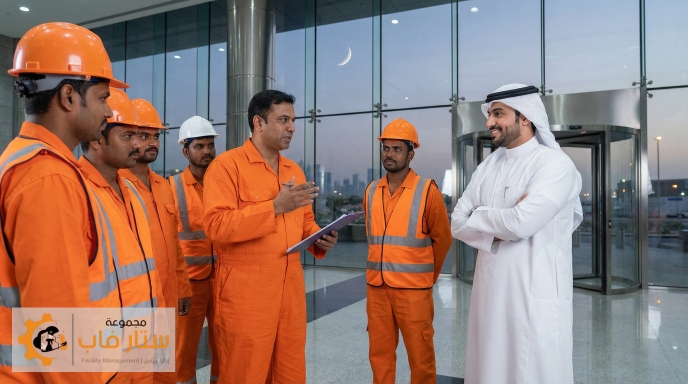 مشرف من ستار فاب بملامح هندية وزي برتقالي يناقش خطة العمل الرمضانية مع فريق من العمال ومدير منشأة سعودي في مرفق تجاري حديث.