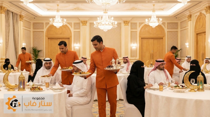 فريق ضيافة من ستار فاب بزي برتقالي أنيق يقدمون الخدمة في حفل إفطار رمضاني لشركة سعودية كبرى في قاعة احتفالات فاخرة بالرياض.