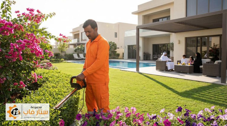 فني تنسيق حدائق من شركة ستار فاب يقوم بتقليم الأشجار وزراعة زهور موسمية لتجهيز حديقة الفيلا لفصل الربيع.