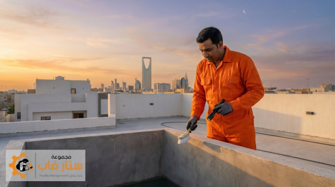 فني من ستار فاب بملامح هندية وزي برتقالي يقوم بتنظيف خزان مياه على سطح فيلا بالرياض مع منظر غروب الشمس الرمضاني.