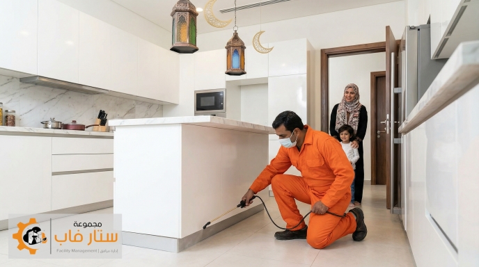 فني من ستار فاب بملامح هندية يقوم برش وقائي آمن ضد الحشرات في مطبخ حديث لأسرة سعودية في أجواء رمضانية.