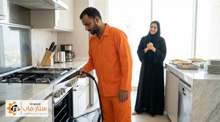 فريق ستار فاب المحترف يقوم بتنظيف عميق وشامل لمطبخ فيلا في الرياض بعد انتهاء احتفالات العيد.