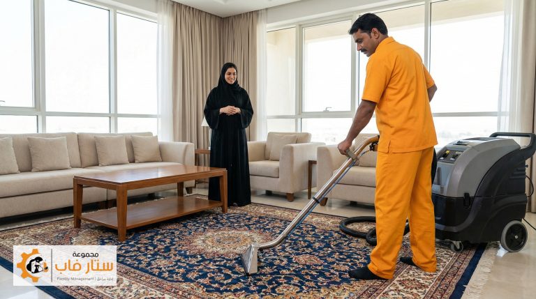 فني متخصص من ستار فاب يقوم بعملية تنظيف سجاد وموكيت بالبخار لإزالة البقع العميقة والتعقيم.