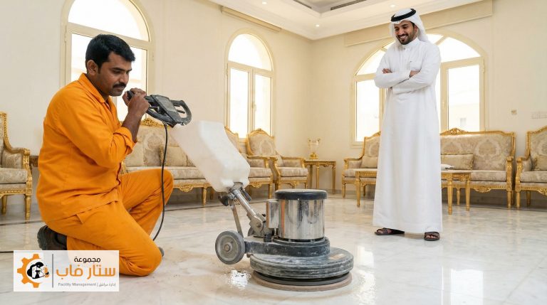 خبير من ستار فاب يستخدم ماكينة ألماسية في جلي وتلميع رخام الأرضيات لاستعادة بريقه الطبيعي.