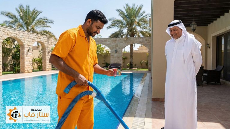 فني محترف من ستار فاب يقوم بعملية تنظيف مسابح الفلل في الرياض باستخدام معدات متخصصة لضمان نقاء المياه.