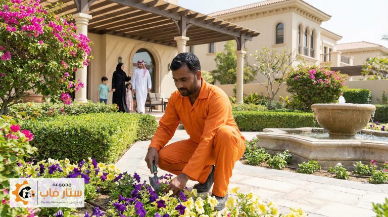 خبير زراعي من ستار فاب يقوم بأعمال تنسيق حدائق الفلل وزراعة الزهور في حديقة منزلية جميلة.