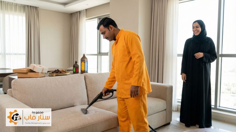 فني ستار فاب يقوم بعملية تنظيف منازل بعد العيد وغسيل الكنب بالبخار بوجود عميلة سعيدة.