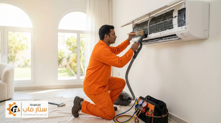 فني متخصص يجري صيانة مكيفات سبليت وتنظيف شامل للوحدة الداخلية لضمان كفاءة التبريد.