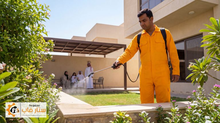 عملية مكافحة حشرات بالرياض ورش مبيدات وقائية آمنة في حديقة المنزل بوجود العائلة.